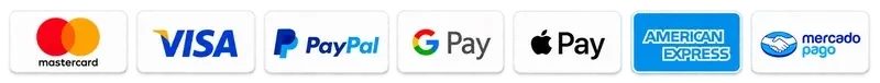 Aceptamos Mastercard, Visa, PayPal, Google Pay, Apple Pay, American Express y Mercado Pago